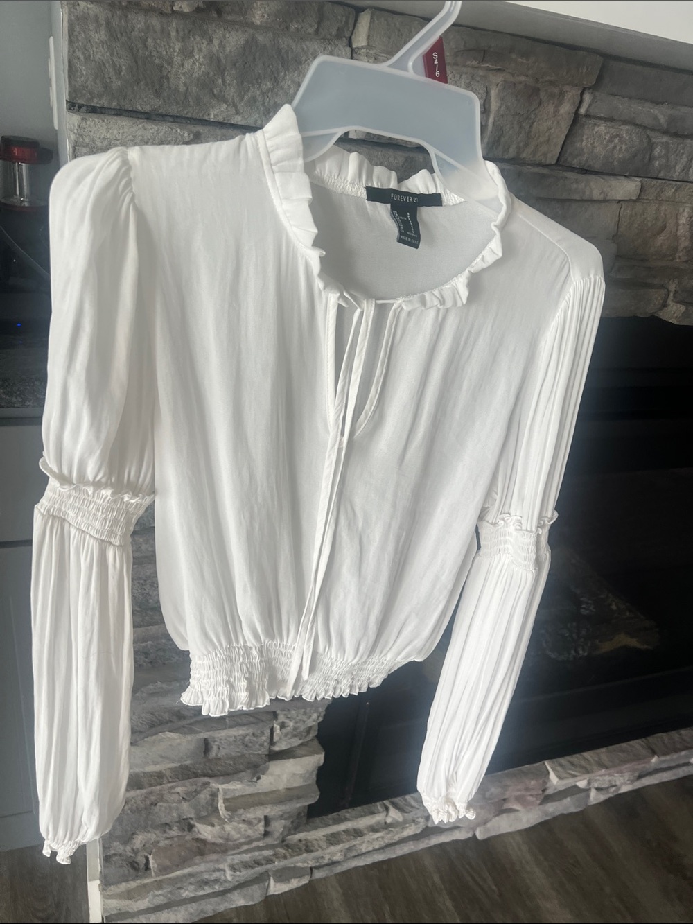 Forever 21 White Ruffle-Trim Tie Front Peasant Blouse